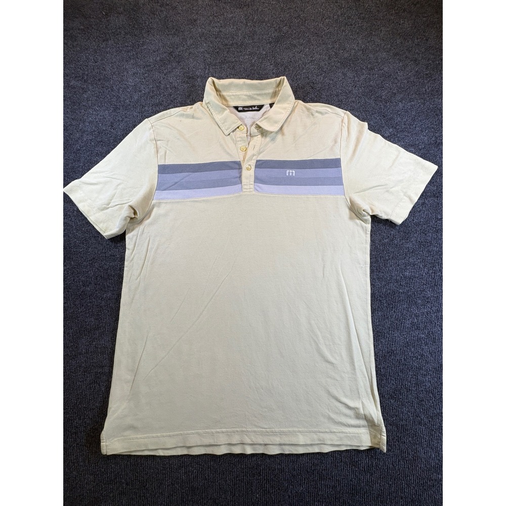 TravisMathew Mens Large Short Sleeve Polo Shirt Yellow Grey Purple Stripe Pique